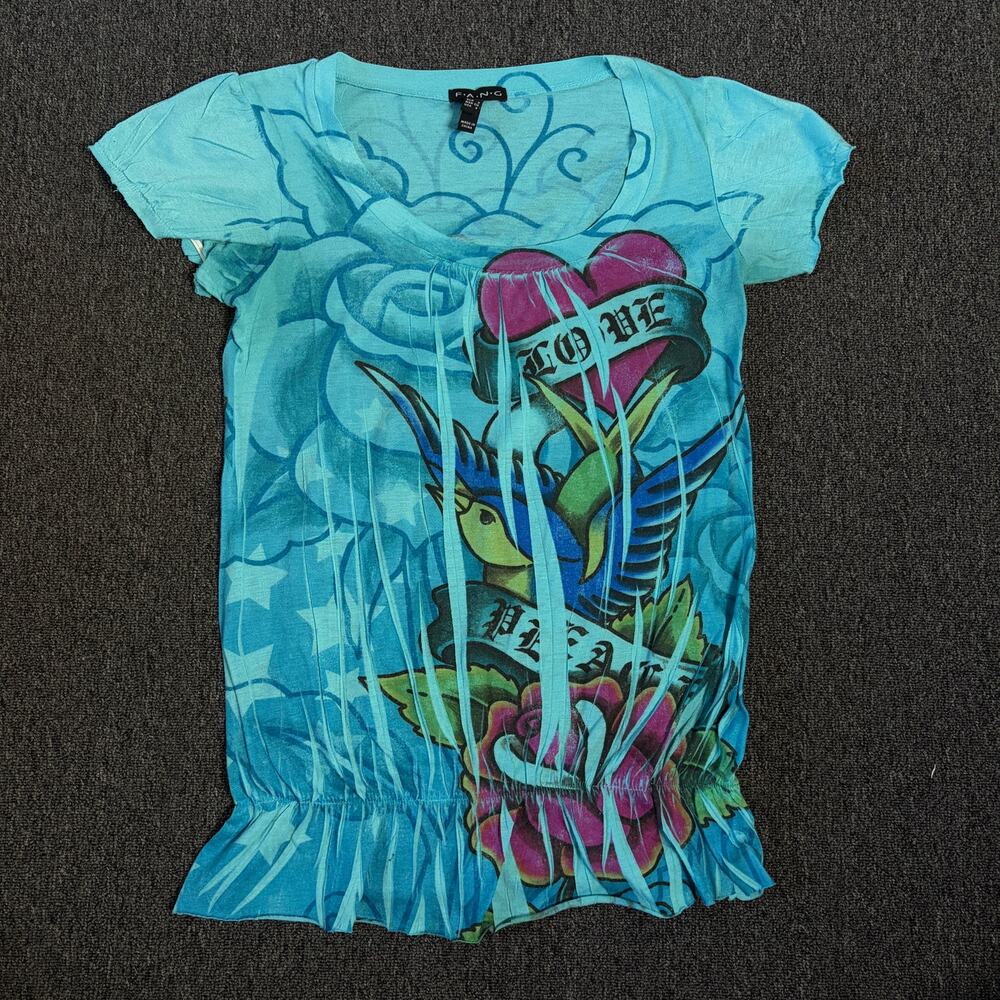 Vintage Y2k Peace Love Bird Retro Ed Hardy Original Blue Floral Women's Top S